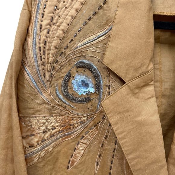 80s Maurada Linen Blend Suit Set Size 8 Embroidered Sequin Blazer Skirt Gold - Picture 3 of 9